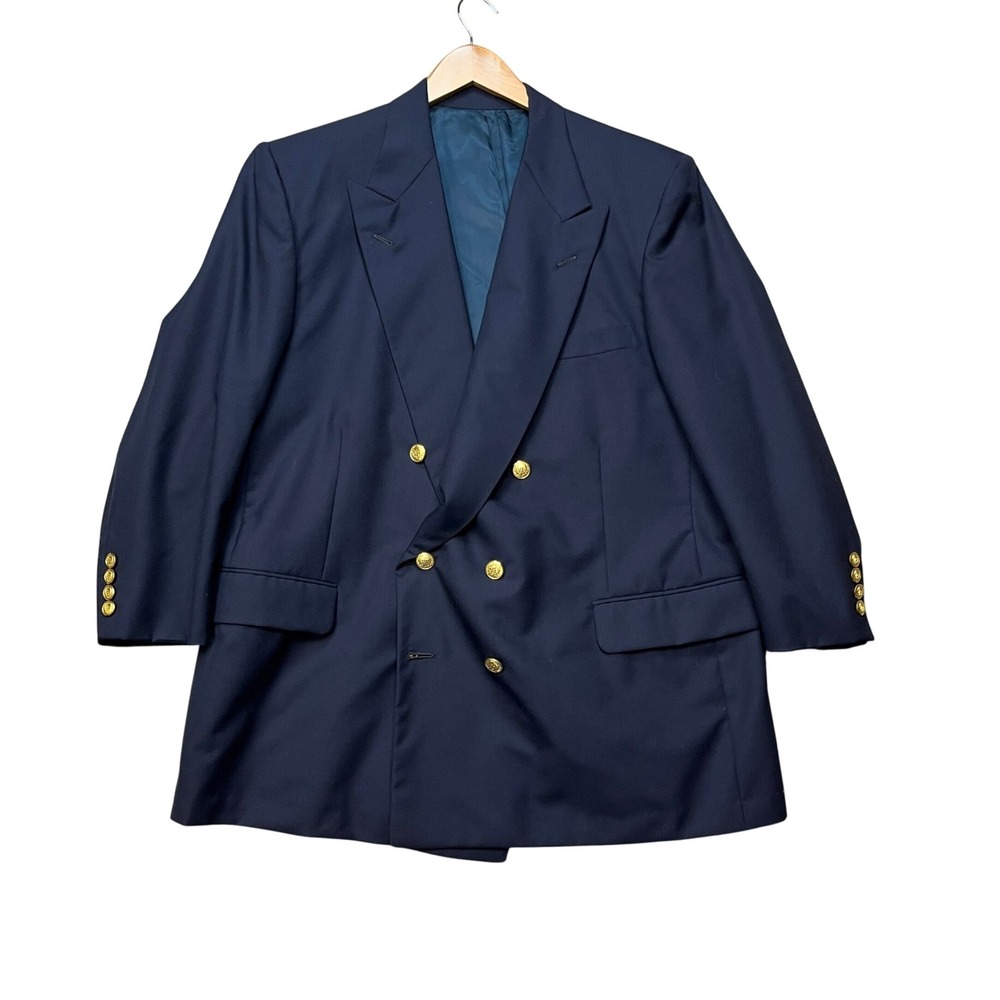VTG H. Freeman & Son Blazer Mens 41R Navy Blue Double Breasted Gold Button Wool